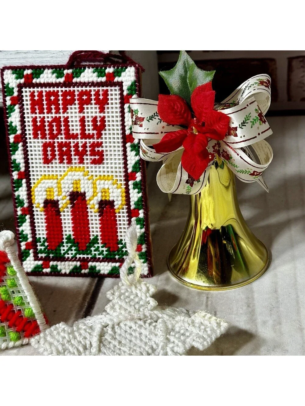 Vintage Lot 21 Plastic Canvas & Crocheted Christmas Ornaments & Poinsettia Decor